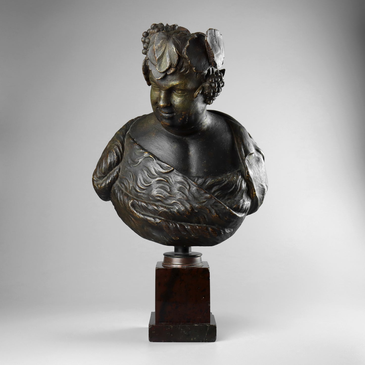 Carved Wood & Polychrome Bust of Bacchus