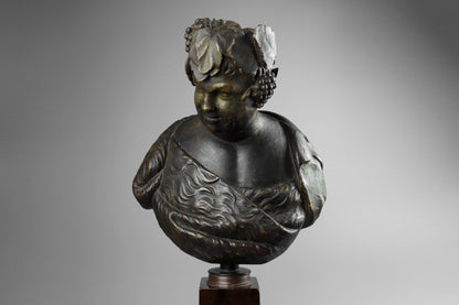 Carved Wood & Polychrome Bust of Bacchus