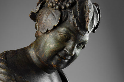 Carved Wood & Polychrome Bust of Bacchus