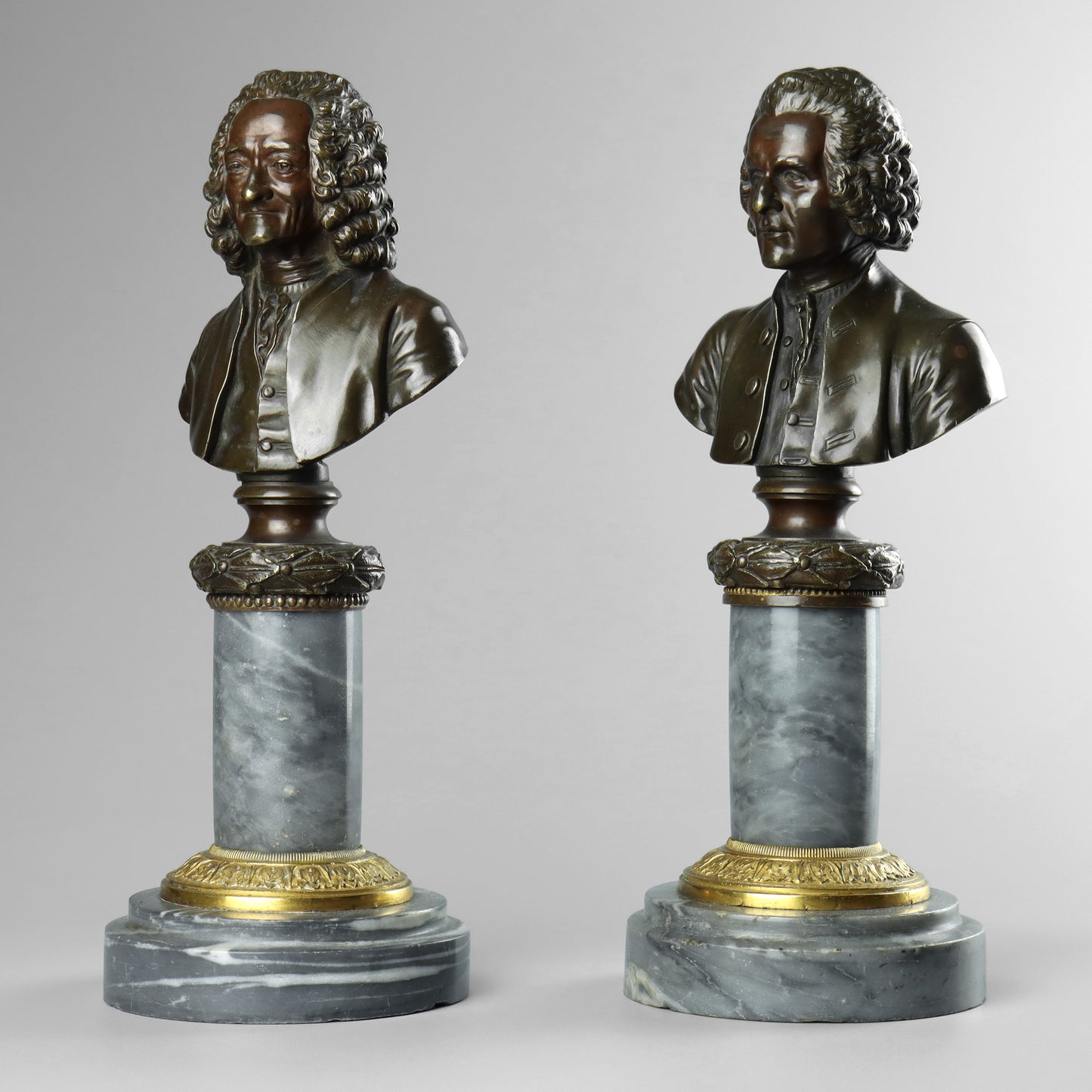 Bronze Busts of Voltaire and Rousseau