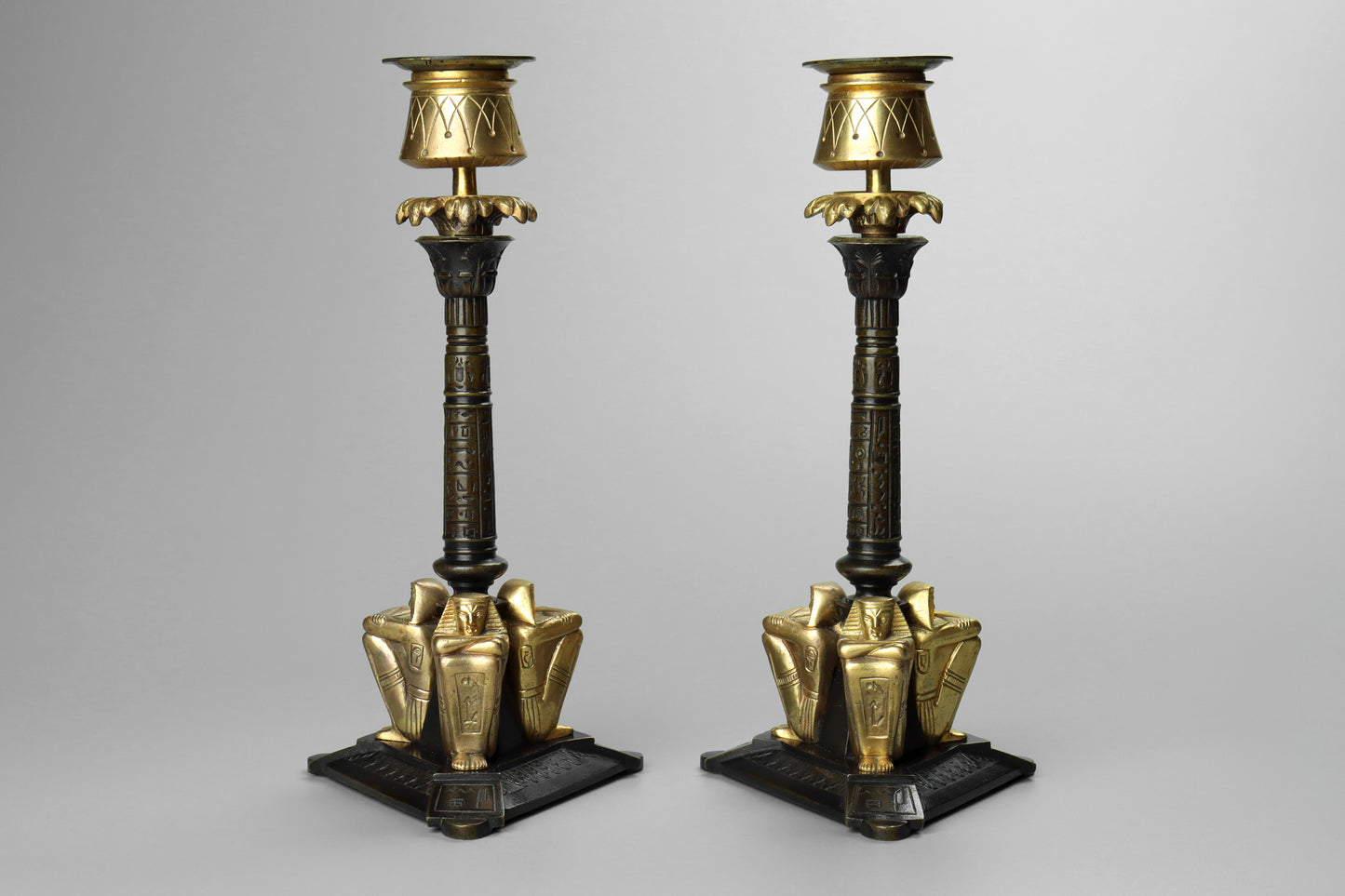 Egyptian Revival Bronze Lustre Candlesticks