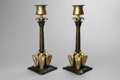 Egyptian Revival Bronze Lustre Candlesticks