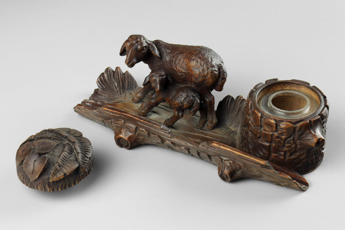 Black Forest Carved Sheep Inkwell