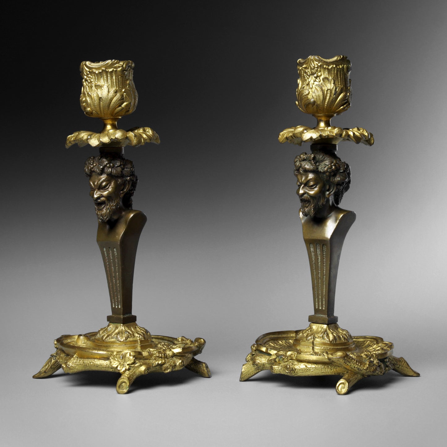 Bronze Ormolu Satyr Candlesticks